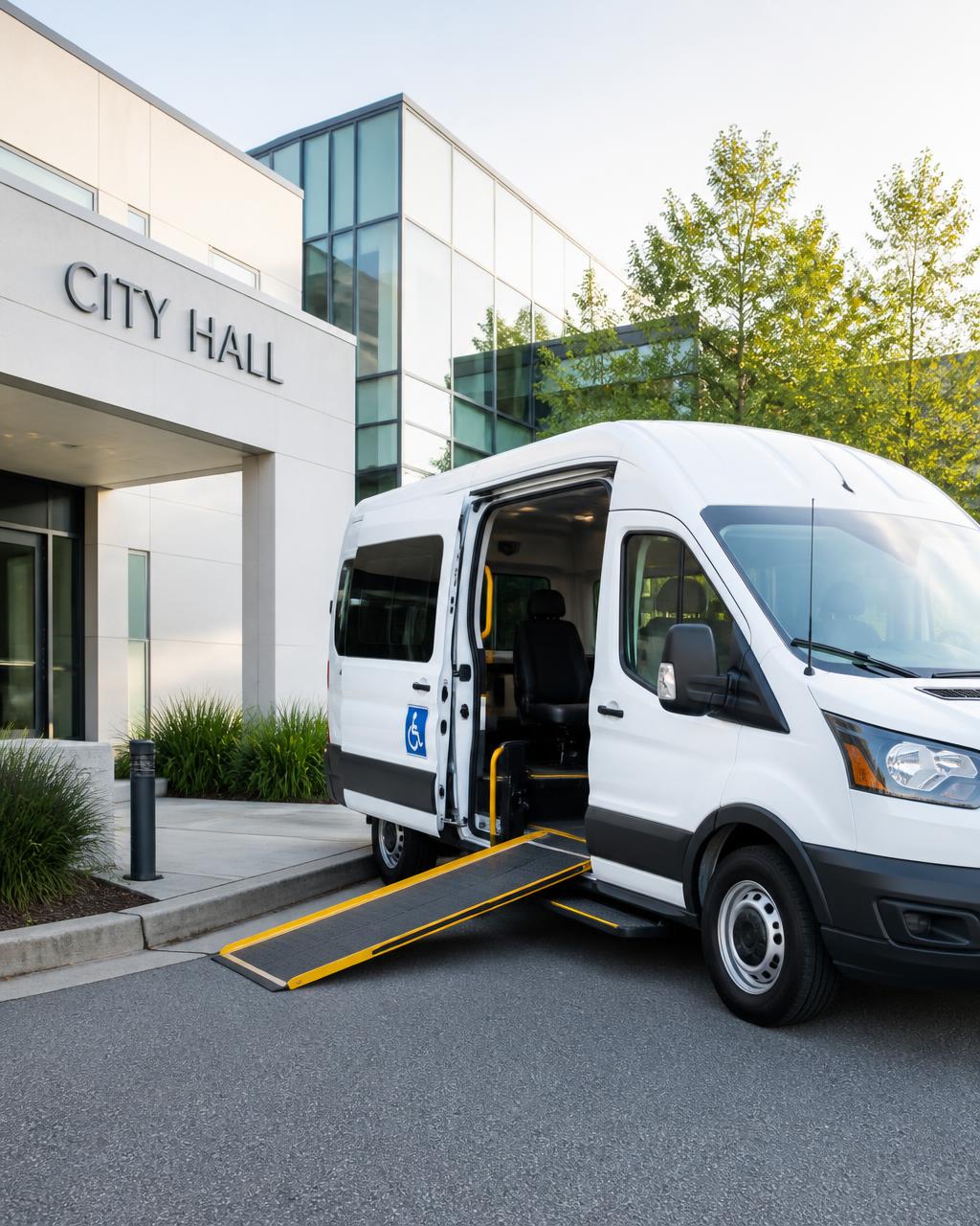 Accessible van with its boarding ramp deployed outside a civic building